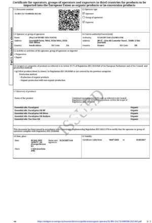 Organic Operator Certificate
